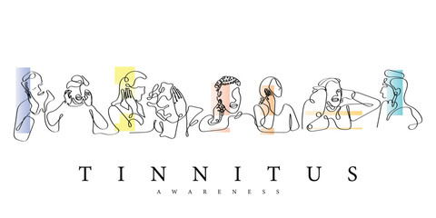 Line art vector of a person suffering from tinnitus. Ringing ears. Tinnitus awareness. - obrazy, fototapety, plakaty