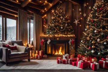 Fototapeta na wymiar christmas trees with fireplace