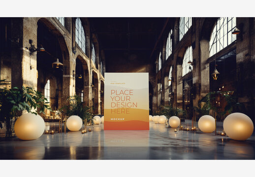 Large White Board with Lights, Plants, Candles, and Balls - Frame Poster Billboard Mockup for Stunning Visuals on Adobe Stock