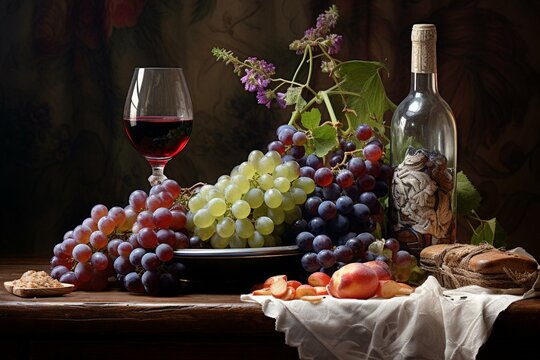 Elegant country still-life featuring a bottle of wine and grapes. Generative AI