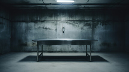 Empty metal bed in autopsy room. The table for dead body. Forensic doctor made autopsy on it. - obrazy, fototapety, plakaty