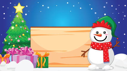 Happy Santa Claus with Wooden Banner, Christmas Tree, and Gifts