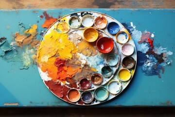 Artist studio table with palette of paint, hobby DIY background