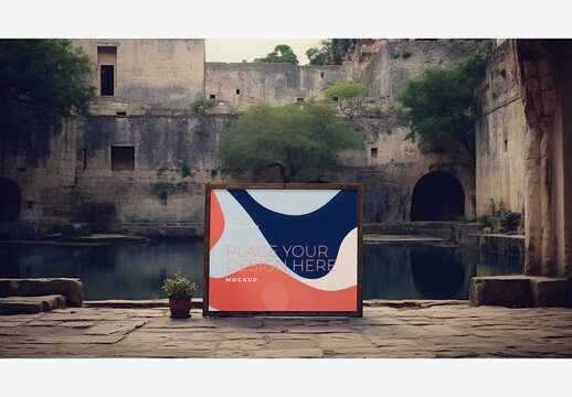 Frame Poster Billboard Mockup - White Board on Stone Floor with Clock Tower, Pond, and Plant - High-Quality Stock Image