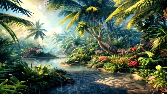 Beautiful landscape of tropical rainforest in fantasy style. Seamless looping 4K time-lapse virtual video animation background. Liquid paint anime landscape illustration.