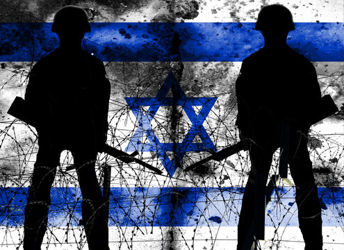 Combination of Israeli flag and barbed wire. Describing Israel as being at war. Israeli-Palestinian War. Basemap and background concept. Double exposure hologram.