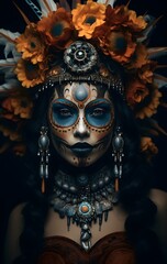 Naklejka premium girl with skull makeup for the Day of the Dead in Mexico and Latin America, portrait, Halloween