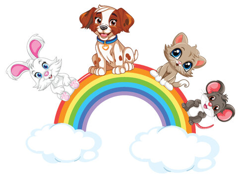 Cute Pet Rabbit, Dog, Cat, and Mouse on Rainbow