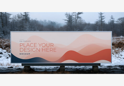 White Sign in Snowy Field with forest Background - Frame Poster Billboard Mockup with Trees and Clouds.