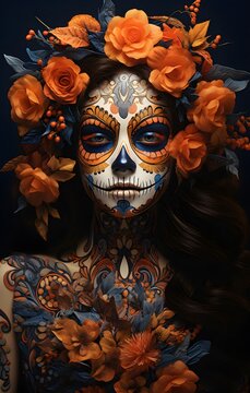 girl with skull makeup for the Day of the Dead in Mexico and Latin America, portrait, Halloween