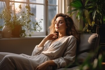 Relaxed serene pretty young woman feel fatigue lounge on comfortable sofa hands behind head rest at home, happy calm lady dream enjoy wellbeing breathing fresh air in cozy home modern living room