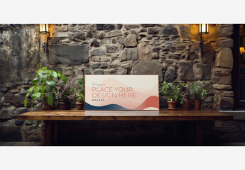 Frame Poster Billboard Mockup - White Board Table with Potted Plants in Front Of Stone Wall, Window, and Light Fixture, Backed By Brick Wall and Lam