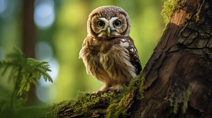View of spotted owlet perched on a tree branch.