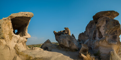 Phrygian valley. Forty Stairs Rock and Phrygian rock chambers by Lake Emre. Travel destinations in...