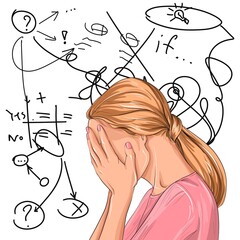 Illustration of a woman with her eyes closed and experiencing strong emotions and stress. Around her are graphically depicted various elements - her thoughts. Anxiety disorder, stress, mental problems