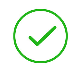 A green tick on a white circle illustration is seen