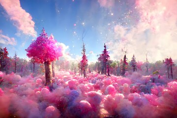 surreal forest glitter explosion hyperpop pink party colors sky unreal engine hd 