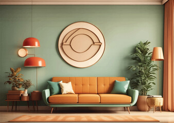 Interior of light living room with sofa and glucophone on table
