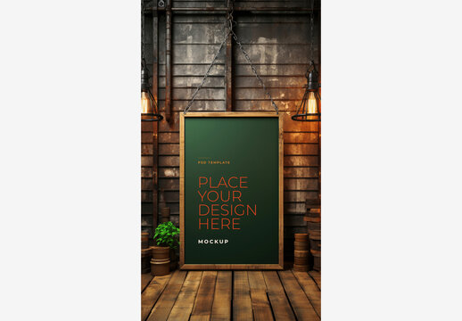 Wooden Room with Blackboard, Hanging Lights, Potted Plant, and Wall Lamp - Frame Poster Billboard Mockup