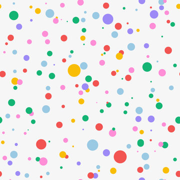 Colorful falling confetti on white background, seamless carnival pattern. Carnival polka Invitation. Falling festive dot background. Multicolored confetti carnaval design.