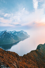 Fjord and mountains landscape in Norway  Senja island aerial view travel beautiful destinations sunset scenery scandinavian northern nature - obrazy, fototapety, plakaty