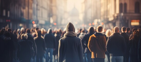 Street in city center focus on anonymous crowd With copyspace for text