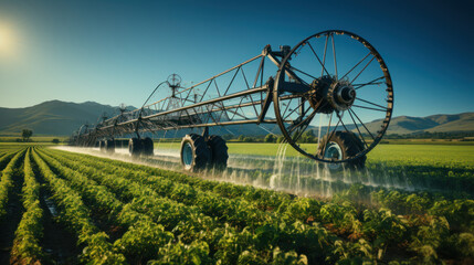 Agricultural irrigation system in the field. Toned image.
