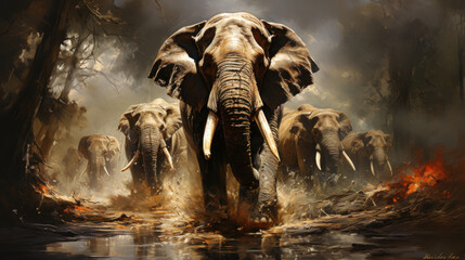 Elephant in the jungle in fight, 3d render illustration of a wild animal.