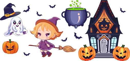 Set of drawings for halloween, cute cartoon style characters.