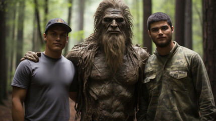 Australian camp man and soldier posing in a forest with a large scary monster. - obrazy, fototapety, plakaty