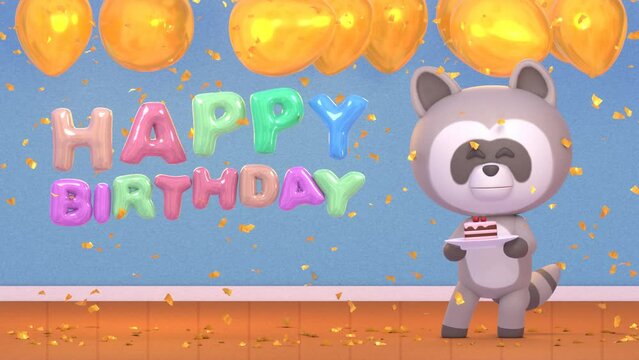 Happy birthday congratulation animation. 3D animation of cute raccoon dancing and holding piece of cake, balloons and confetti on background