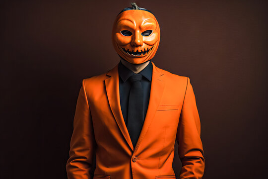 Man with Halloween Jack o Lantern pumpkin head, wearing orange suit and black tie, on orange background. Concept of celebration, day of the dead, bizarre, costume, carnival. Image generated with AI