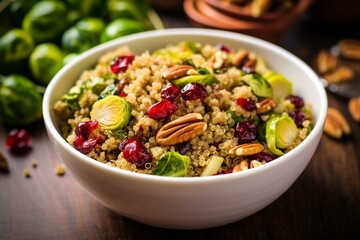 A healthy vegan salad of fried brussels sprouts, quinoa, cranberries, and nuts, served in a white bowl from a top view. Generative AI - obrazy, fototapety, plakaty