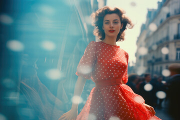 French woman dancing in the streets of Paris, lomography styled