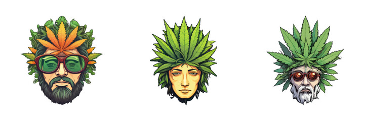 Hippie face with marijuana leaf. Cartoon vector illustration - obrazy, fototapety, plakaty