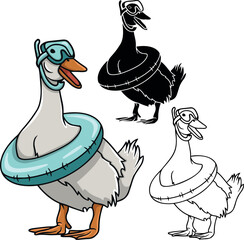 Duck with an inflatable ring and a swimming mask