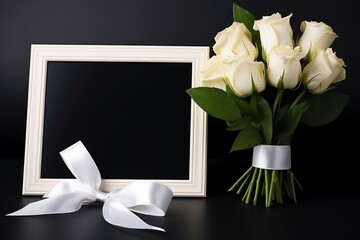 White roses with  ribbon and photo frame  on black background.Funeral Concept