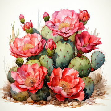 watercolor cactus flowers blooming, pink, green clip art preview