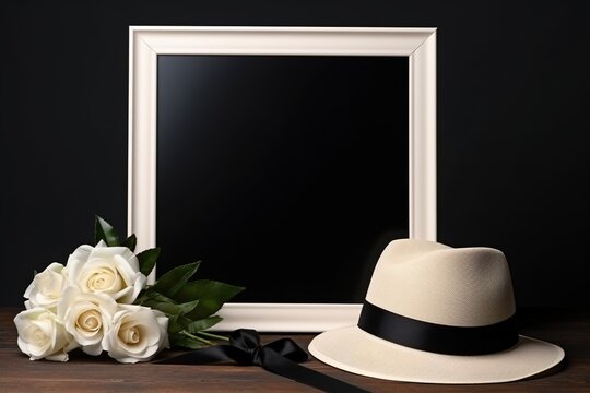 White roses with  ribbon and photo frame  on black background.Funeral Concept