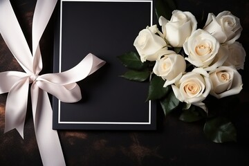 White roses with  ribbon and photo frame  on black background.Funeral Concept