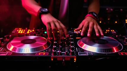 DJ Hands, dj console mixer on concert nightclub stage, music colors