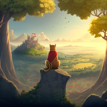 A Back View Shot With Thic Trees With Trunks On Lft And Right Of A Proud Small King Cat Wearing A Gold Crown On His Head And Stylish Red Cloak Sitting In A Forest On A Stone Throne In Between Tall 