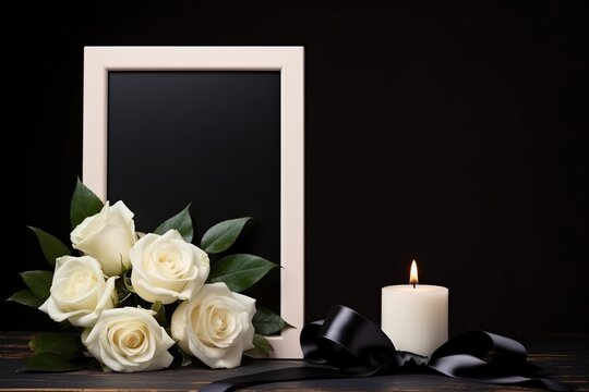 White roses with  ribbon and photo frame  on black background.Funeral Concept