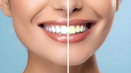 Collage Teeth before and after care, therapy and whitening. Laughing mouth of a woman with perfectly white teeth before and after. Hygiene and dental care. dentistry and teeth whitening concept.