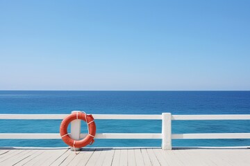 White Wooden Fence and Marine Lifebuoy by the Blue Sea - obrazy, fototapety, plakaty