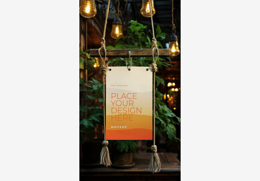 Frame Poster Billboard Mockup with Hanging Sign, Rope Lights, and Potted Plants for Stunning Visuals and Sales Boost