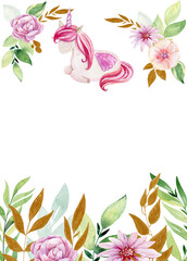 Watercolor cute unicorn illustration. Magical fantasy frame.