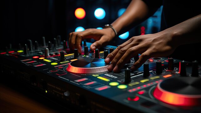 DJ Hands, dj console mixer on concert nightclub stage, music colors