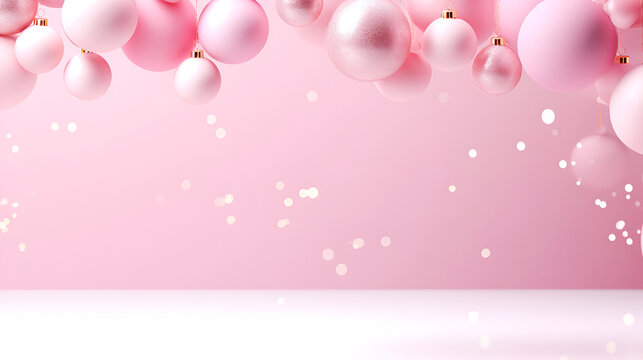 Christmas and New Year minimalist background. Pink pastel Glass Balls hanging on ribbon on gradient pink background with copy space for text. The concept of Christmas and New Year holidays