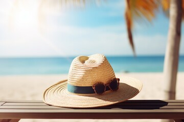 Beach Lounger with Hat and Sunglasses in Sunlight